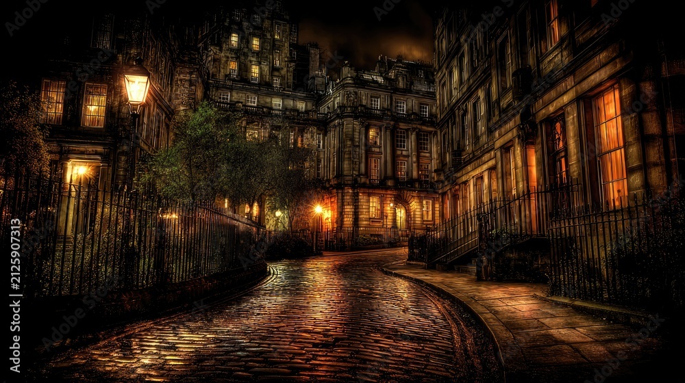 Fototapeta premium Cobbled street at night, old buildings