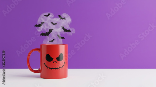 Halloween party backdrop minimal. Scary red cup emitting dark bat smoke creates perfect minimal halloween party. Scarey creepy skittish festive holiday. decoration wallpaper banner, copy space