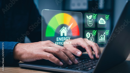 Energy efficiency rating concept with digital interface showing home performance, net zero emissions, and financial savings