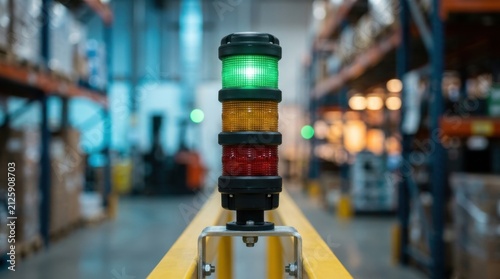 Industrial tower light with red yellow green signals in warehouse for status indication.