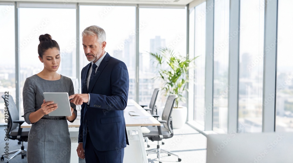 Fototapeta premium Business professionals discussing project details on a tablet inside a modern office with large windows and cityscape view