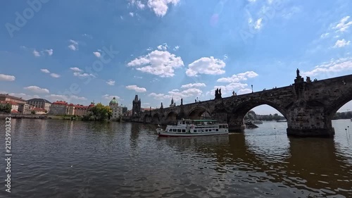 Charles Bridge Prague View from Boat Sailing Under Arch FP POV
