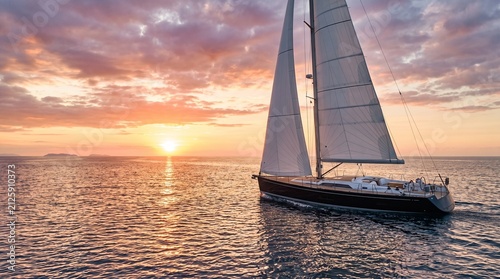 Luxury sailing yacht cruising on the open ocean at sunset for travel charter and wealth management advertising