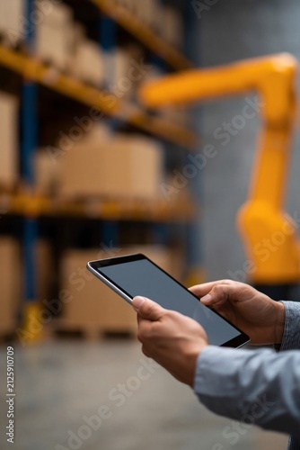 Warehouse manager using tablet to monitor robotic arm stacking goods in modern distribution facility