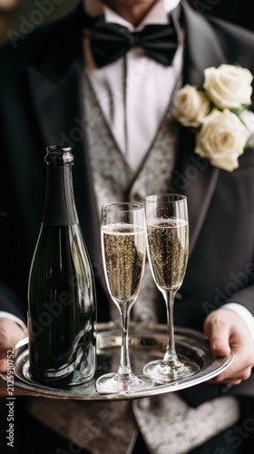 Waiter serving champagne on a silver tray at a formal event