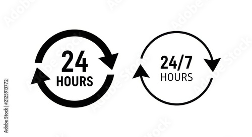 24 Hours and 24/7 Service Icons Set, Black Circular Arrow Symbols for Continuous Support and Availability on White Background
