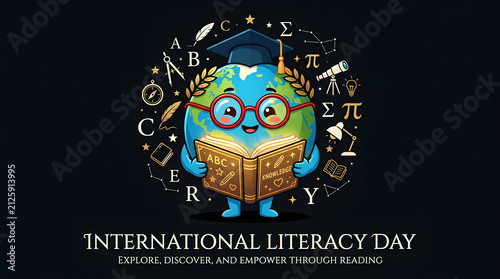 International literacy day concept featuring a cute globe wearing a graduation cap reading a book