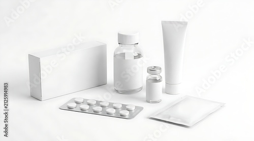 Minimalist white pharmaceutical packaging set with emphasizing modern design medical product presentation clean monochromatic arrangement neutral background