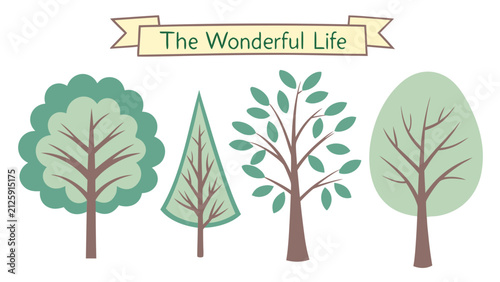 Decorative forest trees set with beautiful banner ribbon and typography isolated on white background.