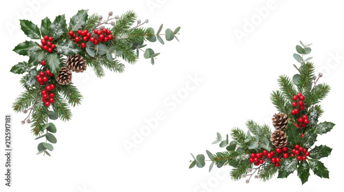 Christmas holly berry corner border decoration isolated on transparent background