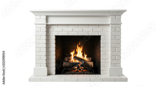 Elegant white stone fireplace with a warm burning fire isolated on transparent background
