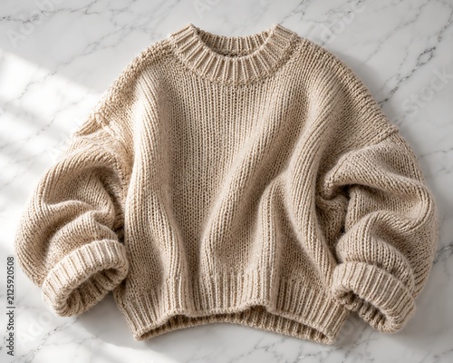 Cozy knit sweater folded on a marble surface with soft natural light and shadow patterns