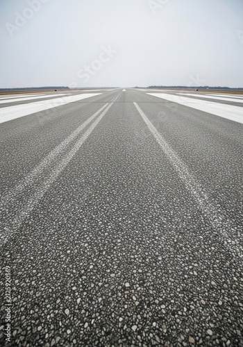 Empty Asphalt Airport Runway with White Markings Under Overcast Sky for Aviation and Travel Concepts