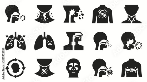 Medical cough and throat symptom icons showing sore throat pain, lung respiratory issues and viral infection symptoms, representing healthcare diagnosis and disease prevention