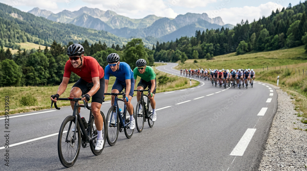 Fototapeta premium Cyclists racing on winding road in scenic mountainous landscape 