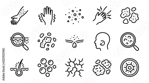 Skin care line icons showing skin allergy symptoms, cracked dry skin and pore care, representing medical dermatology and healthcare treatment