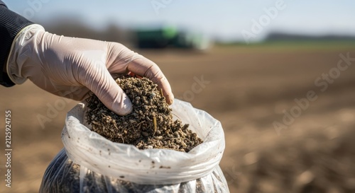 Farmer's gloved hand holding organic fertilizer sample in an agricultural field