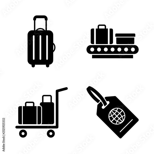 Set of black silhouette for airport luggage services featuring a suitcase, conveyor belt, baggage cart, and a globe luggage tag