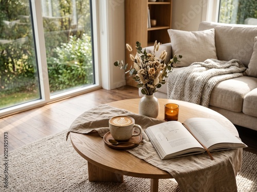 Peaceful Home Atmosphere with Warm Coffee, Reading Book, and Floral Arrangement in a Sunlit Living Room