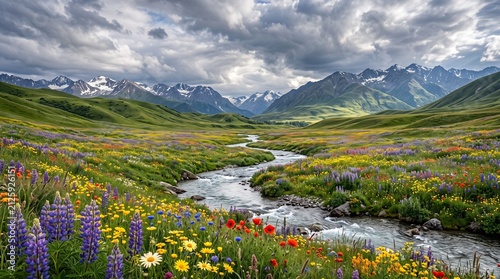 Vibrant wildflower valley with a winding stream and majestic snow capped mountain peaks under dramatic clouds