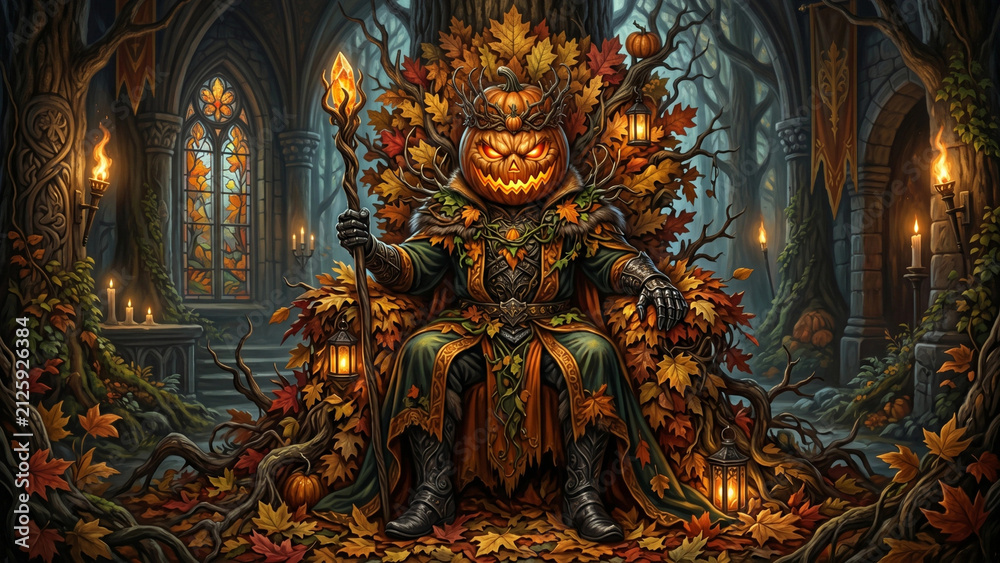 Obraz premium Pumpkin Season. Pumpkin king on throne surrounded by autumn leaves in a mystical forest setting
