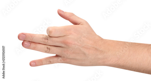 Male right hand showing dog gesture, isolated on transparent cutout background