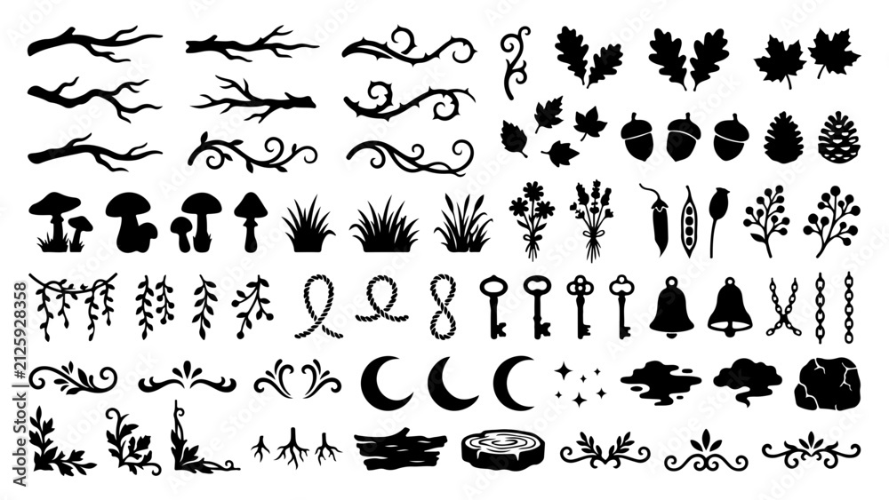 Obraz premium Set of forest nature elements, branches, leaves, mushrooms, keys and symbols vector illustration