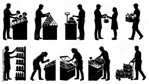 Silhouettes of grocery store workers stocking and selling fresh produce vector illustration