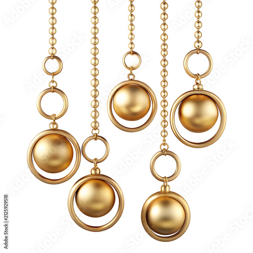 Five hanging golden spheres suspended on delicate metallic chains isolated on a plain white background