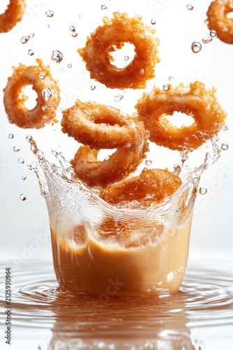 floating calamari rings with tartar sauce splash, isolated on white background