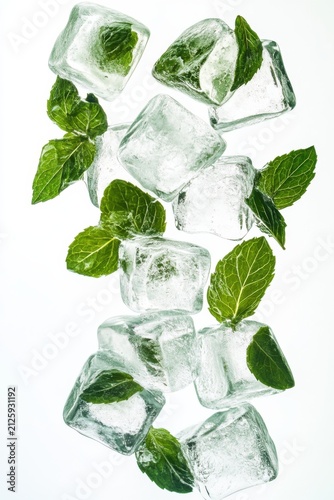 floating ice cubes with mint leaves, isolated on white background