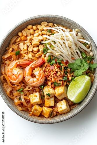 floating pad thai noodles with shrimp, tofu, peanuts, bean sprouts, and lime wedge, isolated on white background