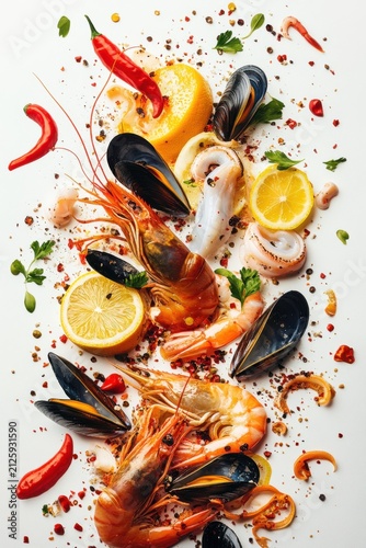 flying seafood ingredients, shrimp, squid, mussels, lemon slices, chili, isolated on white background