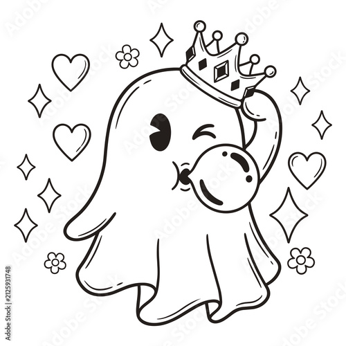 Fotografie Cute Winking Ghost Wearing a Crown Blowing Bubble Gum, Line Art Coloring Book Pa