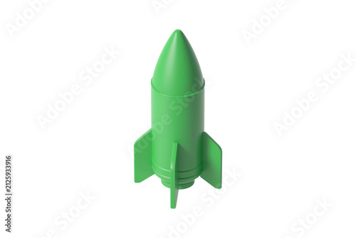 Bright Green Toy Rocket Model with Fins on A Plain White Backdrop
