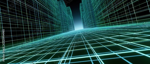 Digital cityscape wireframe with neon grid perspective
