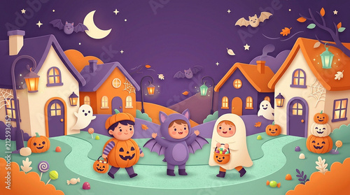 Children in Halloween costumes trick or treating in a paper craft style neighborhood at night