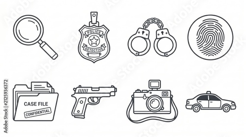 Police Detective Line Icon Set for Crime Investigation Theme