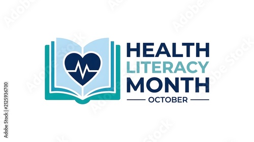 Health literacy month design featuring an open book icon with a heart and electrocardiogram line for medical education awareness campaigns