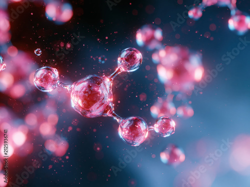 Abstract pharmaceutical and cosmetic innovation scene, molecules assembling into skin cells, biotechnology research visualization, soft glowing particles, realistic 3D science illustration
