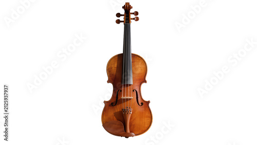 Antique wooden violin with four strings and tuning pegs, isolated on transparent background