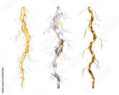 Ginseng Root Trio: Three distinct ginseng roots, two golden and one silver, showcase intricate, branching structures symbolizing health and vitality.