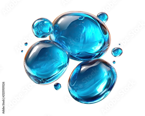 Blue Water Droplets: Clear, glistening blue water droplets in various sizes suspended in the air, reflecting light and creating a dynamic, refreshing visual.
