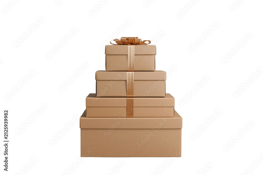 Fototapeta premium Pyramid stack of plain kraft gift boxes with small bow
