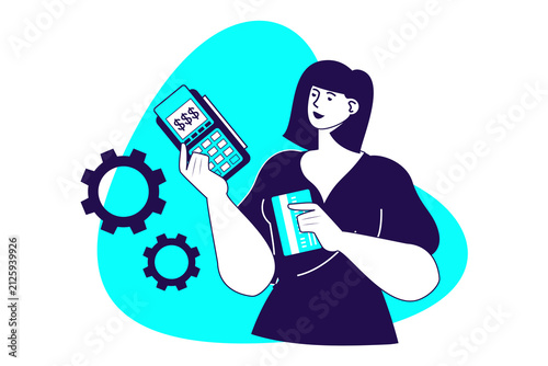 Payment terminal modern flat concept for web banner design. Woman using wireless POS terminal, paying with bank credit card and gets electronic receipt. Illustration with isolated people scene.