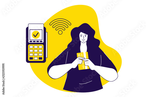 Payment terminal modern flat concept for web banner design. Woman shopping and paying with her financial credit card using wireless POS terminal. Illustration with isolated people scene.