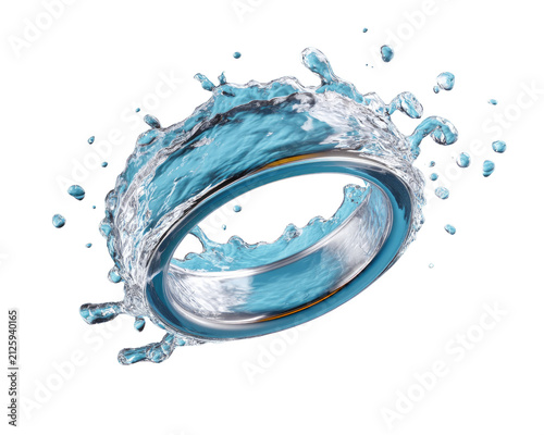Ring of Refreshment: A sleek silver ring is caught in a dynamic splash of clear blue water, creating a mesmerizing visual of purity and cool elegance.