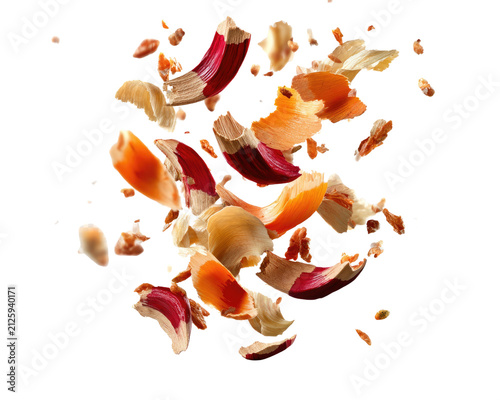 Flying Vegetable Peels: A vibrant explosion of carrot and beet peels suspended in mid-air, creating a dynamic and colorful abstract composition.