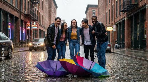 Five Friends Laughing in City Rain with Colorful Umbrellas on Wet Street