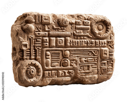 Ancient Machine Tablet: A mysterious stone tablet intricately carved with complex mechanical patterns, suggesting an advanced, lost civilization or extraterrestrial technology.